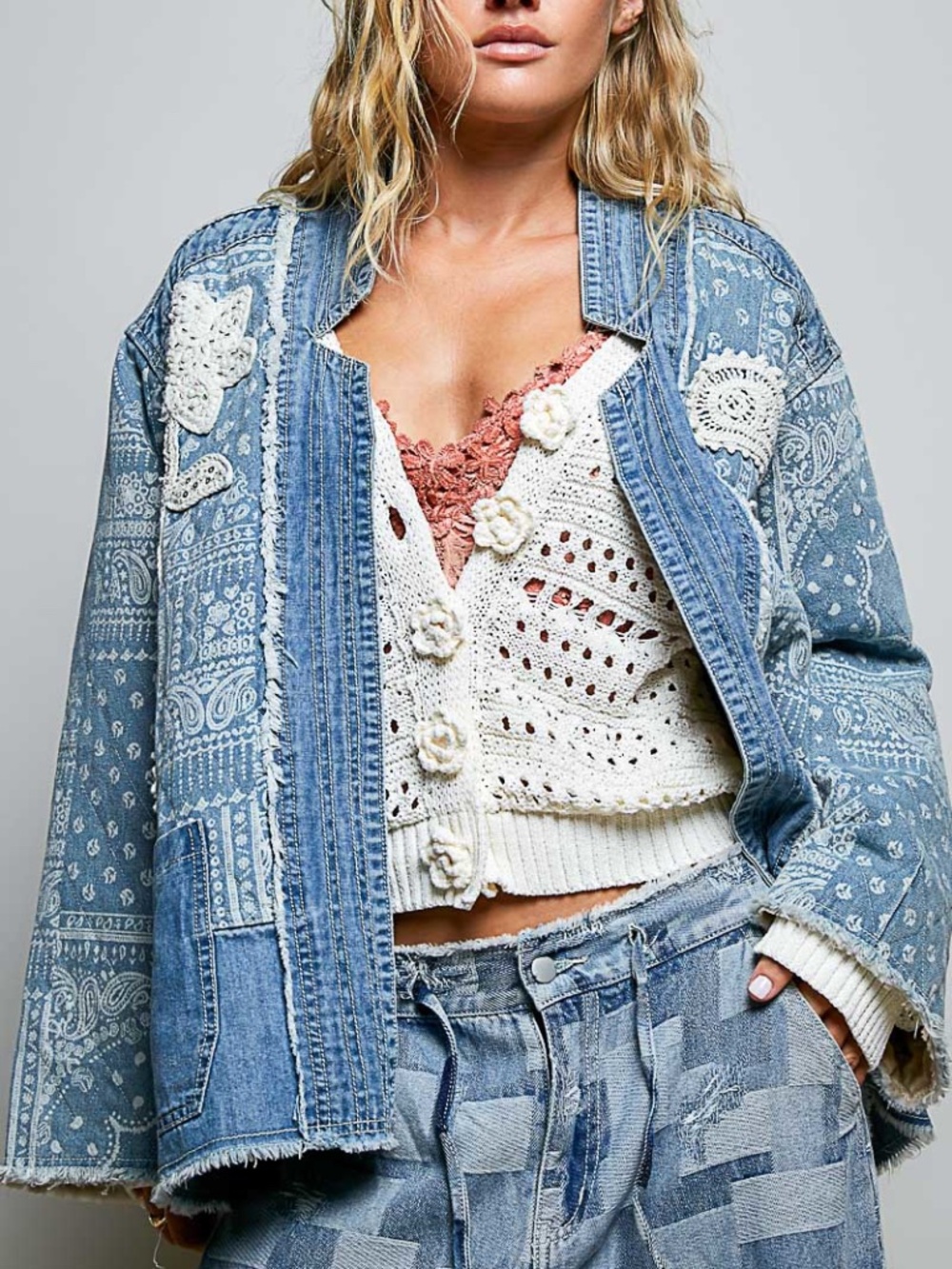 POL Light Wash Denim Paisley Print Embroidered Pockets Frayed Detail jacket - Picture 3 of 7